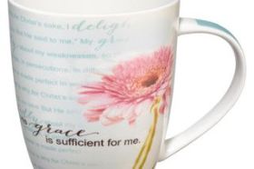 Serene "His Grace Is Sufficient … " inspirational coffee or tea mug displays a chrysanthemum overflowing verse from 2 Corinthians 12:9-11. Glazed inside and out. 12 Oz. Capacity Ceramic Lead & Cadmium-Free Glaze Microwave & Dishwasher Safe Gift-Boxed