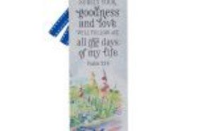 The Goodness and Love Bookmark speaks of the assurance the Psalmist has of God's goodness and love and that this love is enough to sustain you even when you go through the valley of death. Let this hopeful message grace the pages of your book and soothe your soul while you read or study God's Word. A peaceful garden scene with a blue watering can ground the message on the smooth cardstock bookmark. Surely your goodness and love will follow me all the days of my life Psalm 23:6