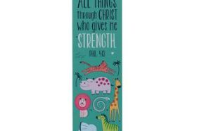 The design on the I Can Do All Things Sunday School/Teacher Bookmark Set is cute enough to grasp the attention of little minds and introduce them to a truth that will serve them well the rest of their lives: their weakness is an opportunity for Christ's power to shine! Littles will learn to rely on God in all things, big and small. A bright forest green background is decorated with an array of cartoonish wildlife, from roaring lions to towering giraffes. The sentiment is printed in large black and white lettering. I can do all things through Him who gives me strength. Philippians 4:13