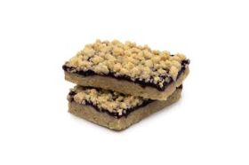 A classic fruit crumble bar filled with blueberry preserves and topped with a buttery crumb layer.