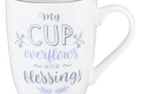 “My cup overflows with blessings.” Psalm 23:5 The My Cup Overflows Coffee Mug features Psalms 23:5, “My cup overflows with blessings.” The ceramic coffee mug reminds us of the Lord’s blessings in our life while we sip our favorite hot beverage. The verse is designed in a beautiful script with a subtle hint of color, making it fit easily into a variety of décor styles. This ceramic mug makes the perfect gift for mothers, daughters, sisters, or friends for any occasion. The ceramic mug holds 12 fluid ounces, and is the perfect height for personal use coffee brewing systems. The mug arrives in a packaged gift box, making this a precious gift for any occasion. Capacity: 12 fl oz (360ml) Ceramic Mug Packaged in a Gift Box