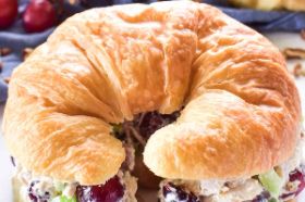 Our European style butter gives our delicately sweet croissants a rich buttery taste and delicious flakes. Filled with our chicken salad made with farm fresh pastured chicken, red grapes, walnuts, celery, onion, poppy seed, mayonnaise, mustard, garlic powder, onion powder, salt and smoked paprika.