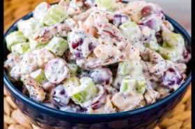 Drover's Trail Natural Farms - 8 oz Chicken Salad Our chicken salad is made with our farm fresh pastured chicken, red grapes, walnuts, celery, onion, poppy seed, mayonnaise, mustard, garlic powder, onion powder, salt, smoked paprika.