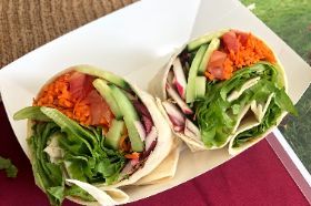 Veggie wraps are loaded with fresh organic vegetables. Served with choice or Italian or balsamic dressing on the side.